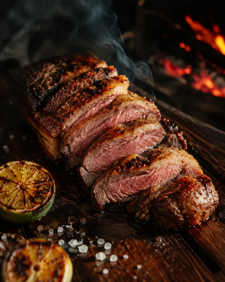 Picanha fatiada e grelhada na brasa, com limão assado