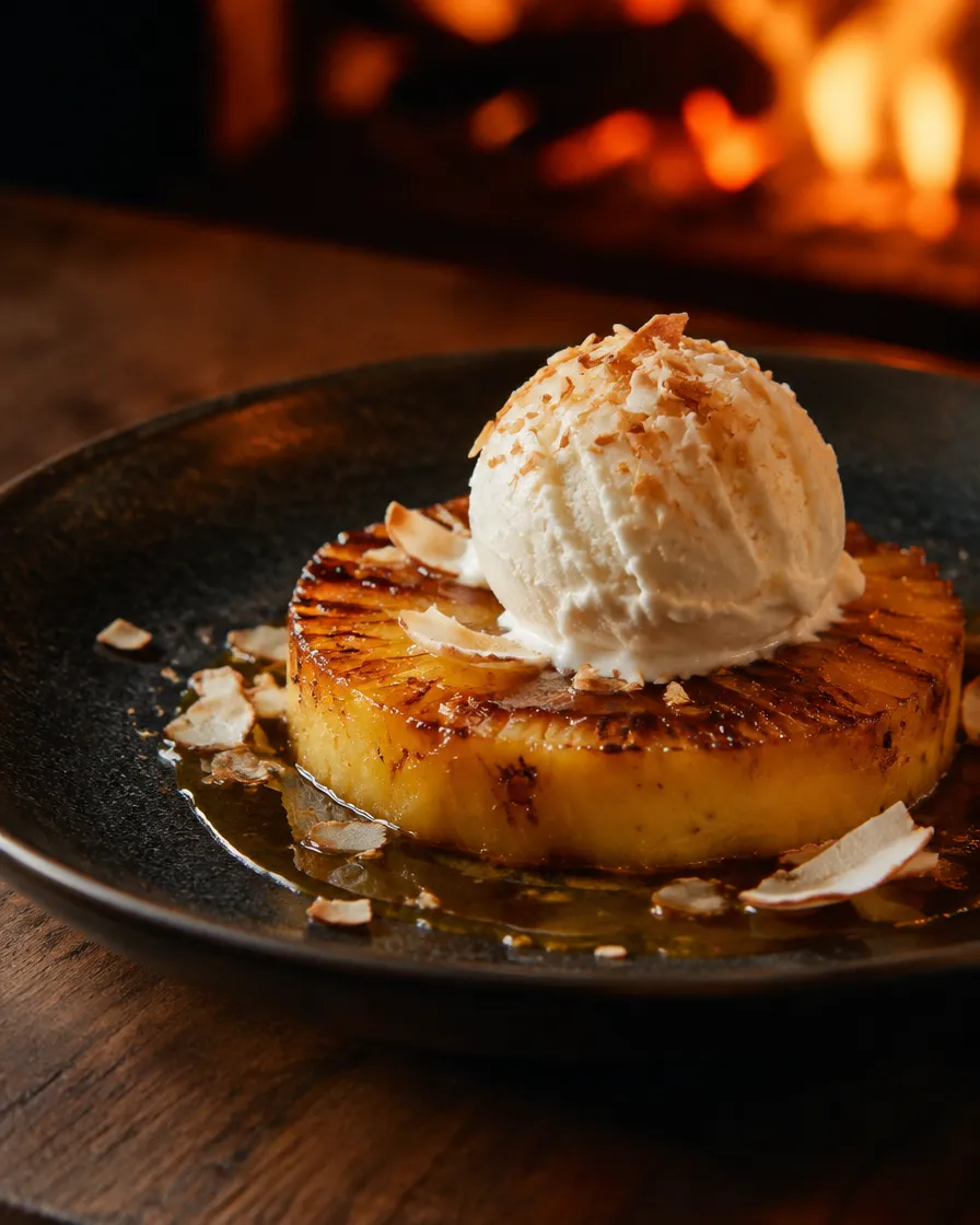 Fatia de abacaxi caramelizada na brasa com sorvete de coco tostado