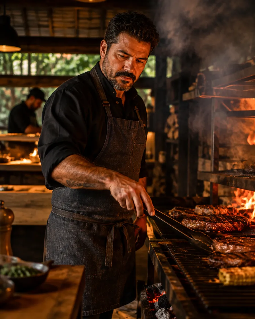 Chef Rafael Moura ao lado da grelha, virando cortes na brasa